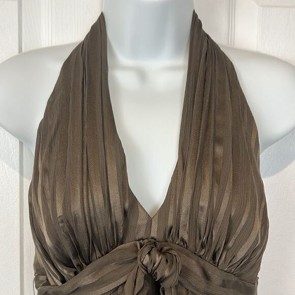 BCBG MAXAZRIA Silk Bronze/Brown Empire Waist Halter Dress Size 4 - Picture 2 of 15